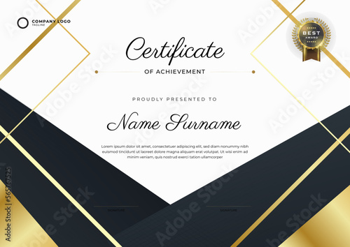 Black and gold Certificate of Achievement template. Background with gold badge and border. Award diploma design blank.