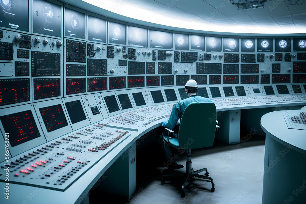 Electrical station, Central control panel of nuclear power plant reactor, engineer at work back view. Generation AI