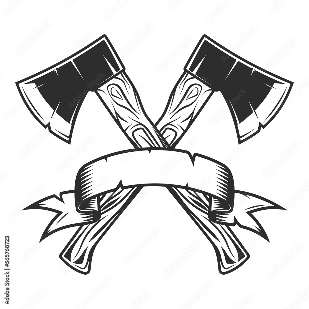 Obraz premium Crossed metal ax with handle made of wood and ribbon. Wooden axe construction builder tool. Element for business woodworking or lumberjack emblem or icon.