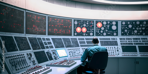 Electrical station, Central control panel of nuclear power plant reactor, engineer at work back view. Generation AI
