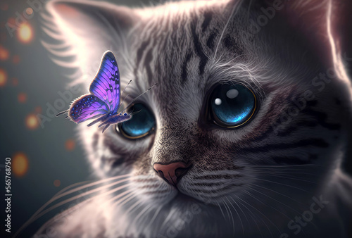 portrait of a cat with blue eyes , sad cat without a fang who is comforted , generative ai
