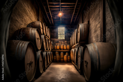 Barrels in wine storage cellar, old whisky bottles. Generation AI