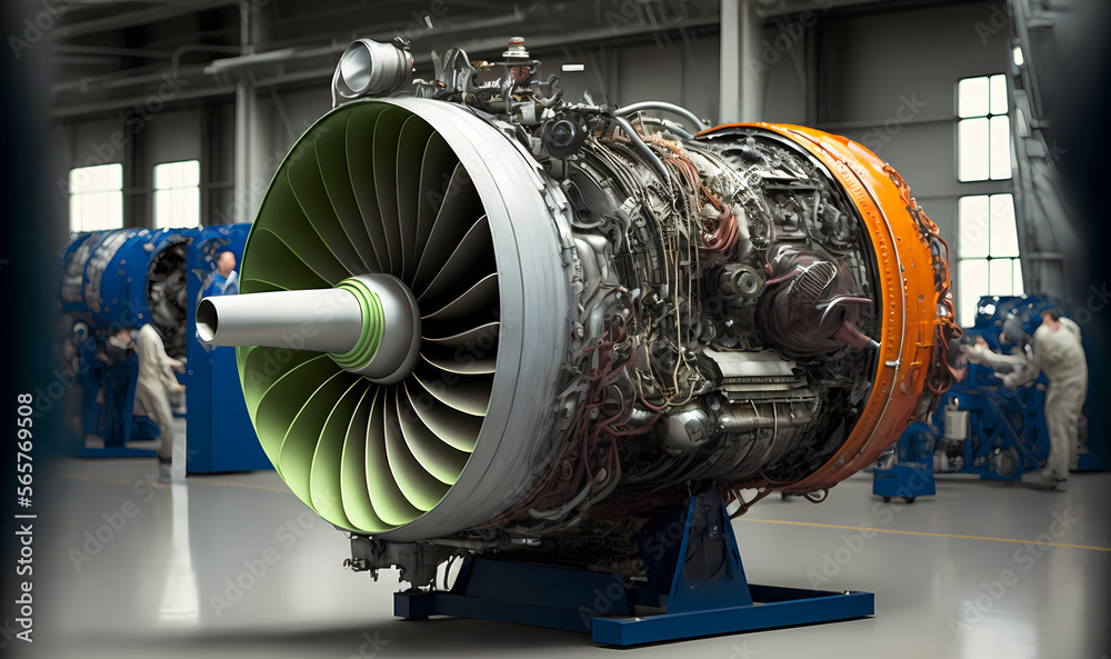 Obraz premium Aircraft jet engine on repair and maintenance. Industrial motor of airplane, sunlight. Generation AI