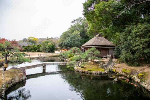 Okayama Japan 5th Dec 2022: the view of Korakuen, a Japanese garden located in Okayama Prefecture. It is one of the Three Great Gardens of Japan, was built in 1700 by Ikeda Tsunamasa.
