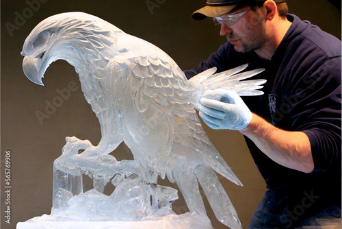 Ice sculptures, statues of cold winter, horizontal landscape of nature and living creatures, people, handmadelike art of frozen water, dark, relation, icemirror statues, Generative AI (NO USED MODEL)