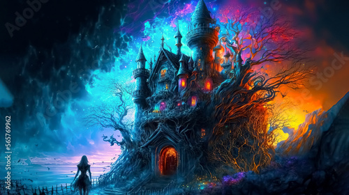 Girl near the magical fairytale castle. Fantasy background, digital art, generative ai