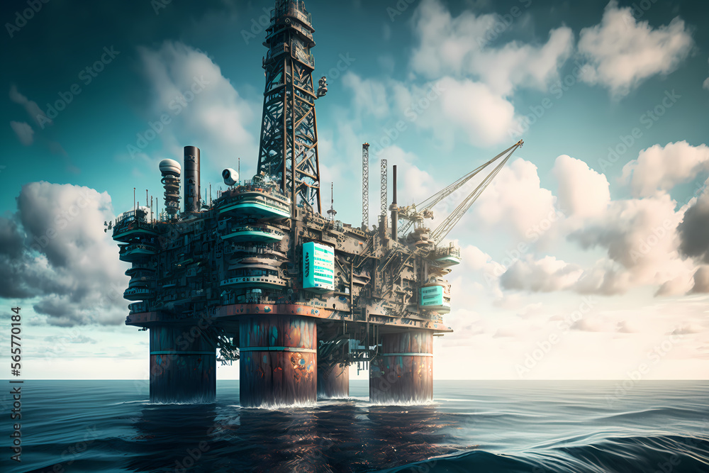 Offshore petroleum platform oil rig and gas at sea water, sunset light. Generation AI