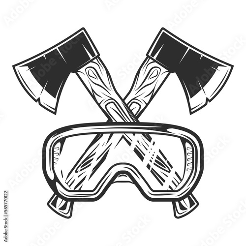 Wooden axe construction builder tool. Crossed metal ax with handle made of wood and glasses. Element for business woodworking or lumberjack emblem or icon.