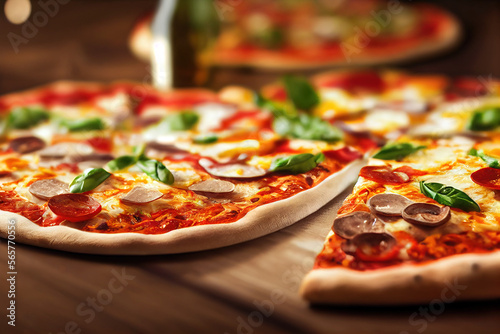 Table of italian pizzas, buffet table, macro shot, generative ai