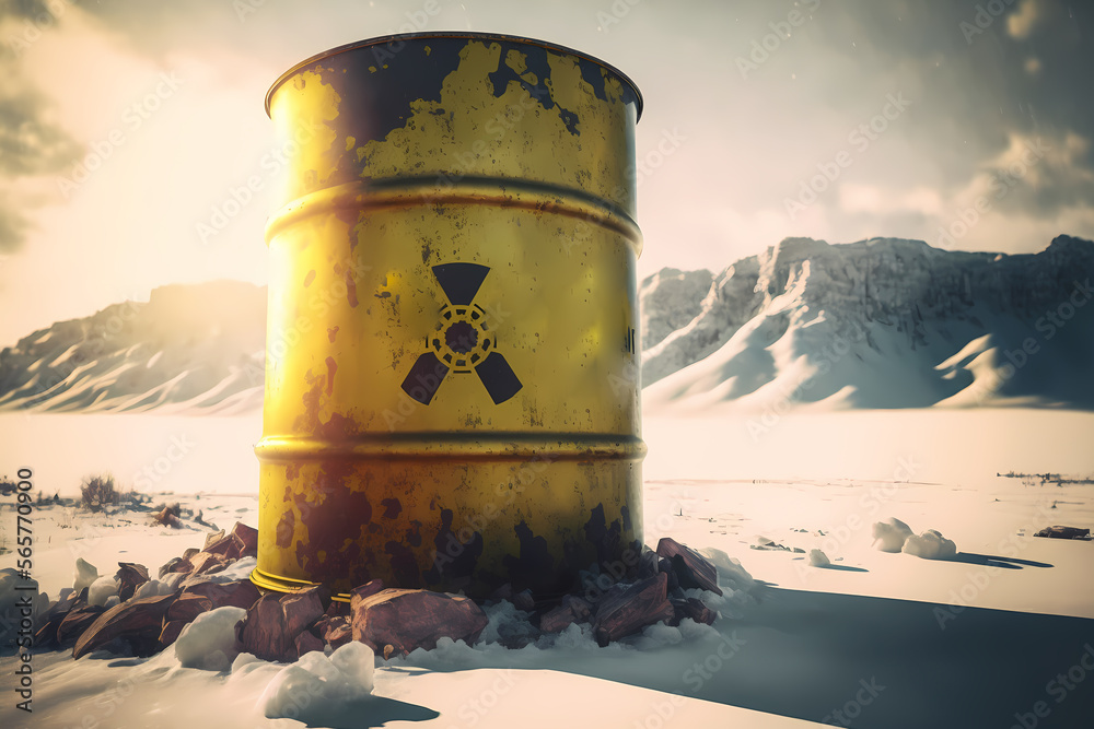 Yellow barrels for radiation stands in frozen snow. Concept disposal of radioactive waste in