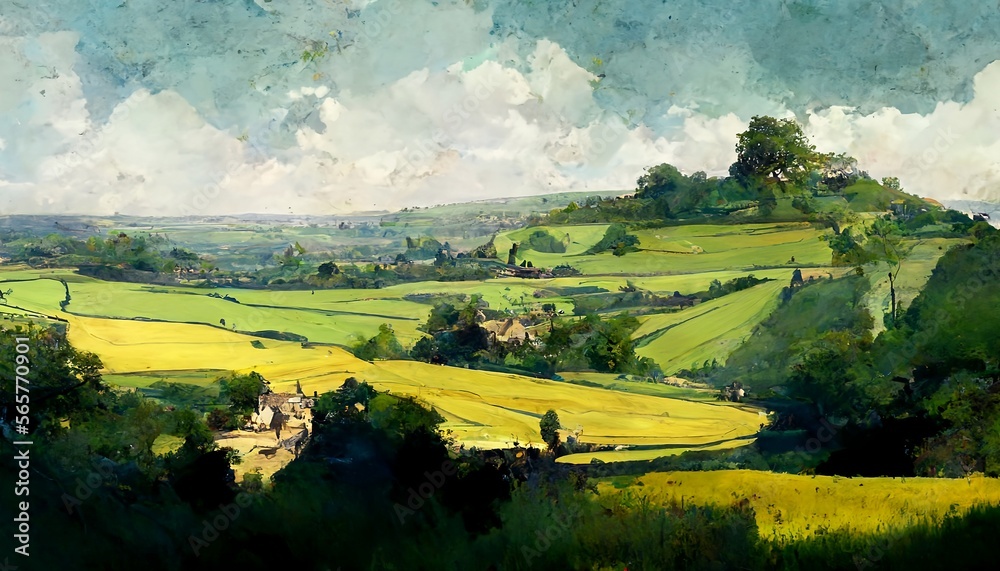 Plein air painting of the English Cotswold hills, generative AI - obrazy, fototapety, plakaty 