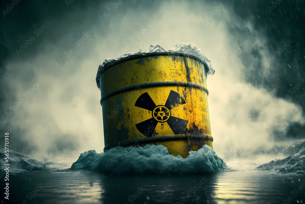Yellow barrels for radiation stands in frozen snow. Concept disposal of radioactive waste in