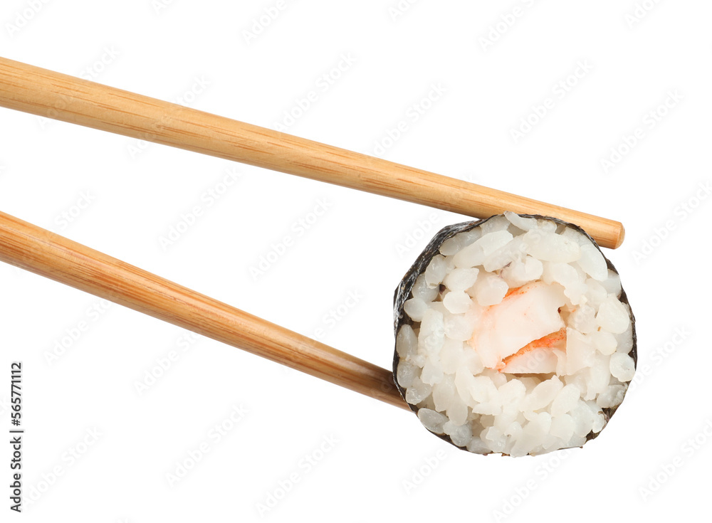 Chopsticks with tasty fresh sushi roll isolated on white Chopsticks with tasty fresh sushi roll isolated on white
