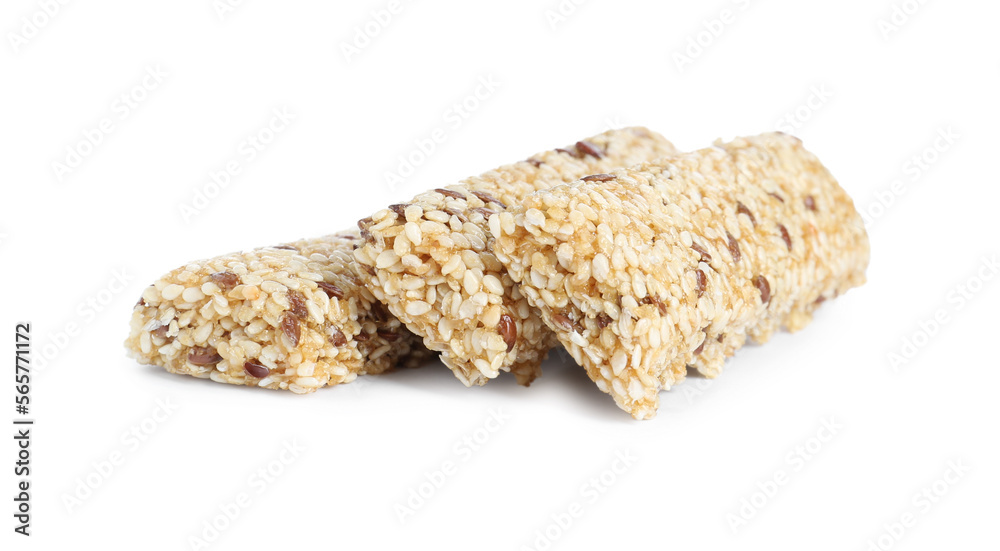 Tasty sesame seed bars isolated on white Tasty sesame seed bars isolated on white
