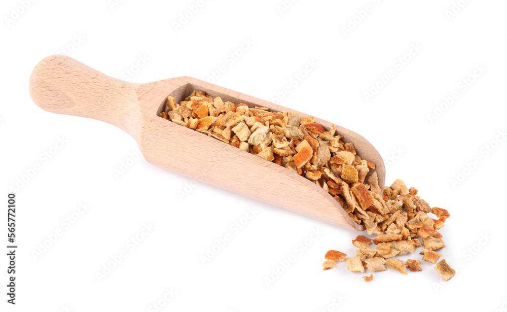 Scoop with dried orange zest seasoning isolated on white Scoop with dried orange zest seasoning isolated on white