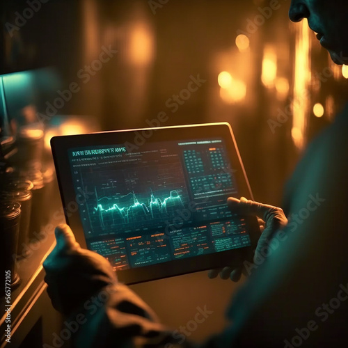 Businessman checking stock market data on tablet at night background