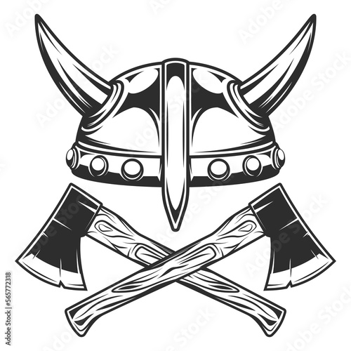 Viking helmet and crossed metal ax with handle made of wood. Wooden axe construction builder tool. Element for business woodworking or lumberjack emblem or icon.