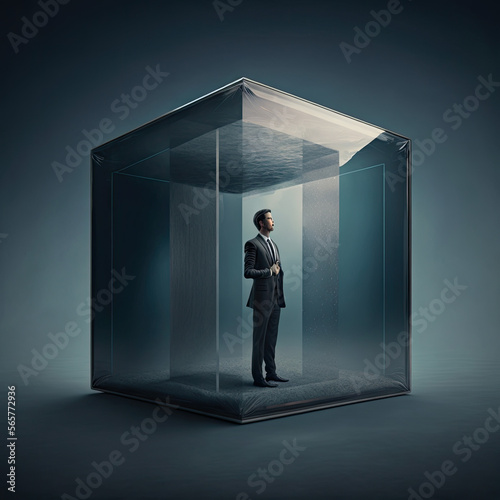 businessman standing in glass cube, Generative AI photo