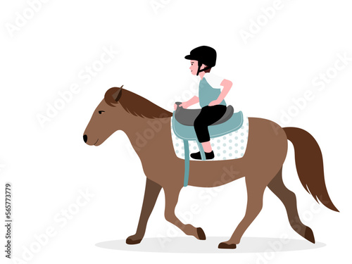 A boy riding horse with smiling, flat vector illustration.