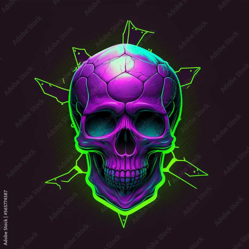 skull illustration in neon colors, t-shirt print, generative AI skull illustration in neon colors, t-shirt print, generative AI