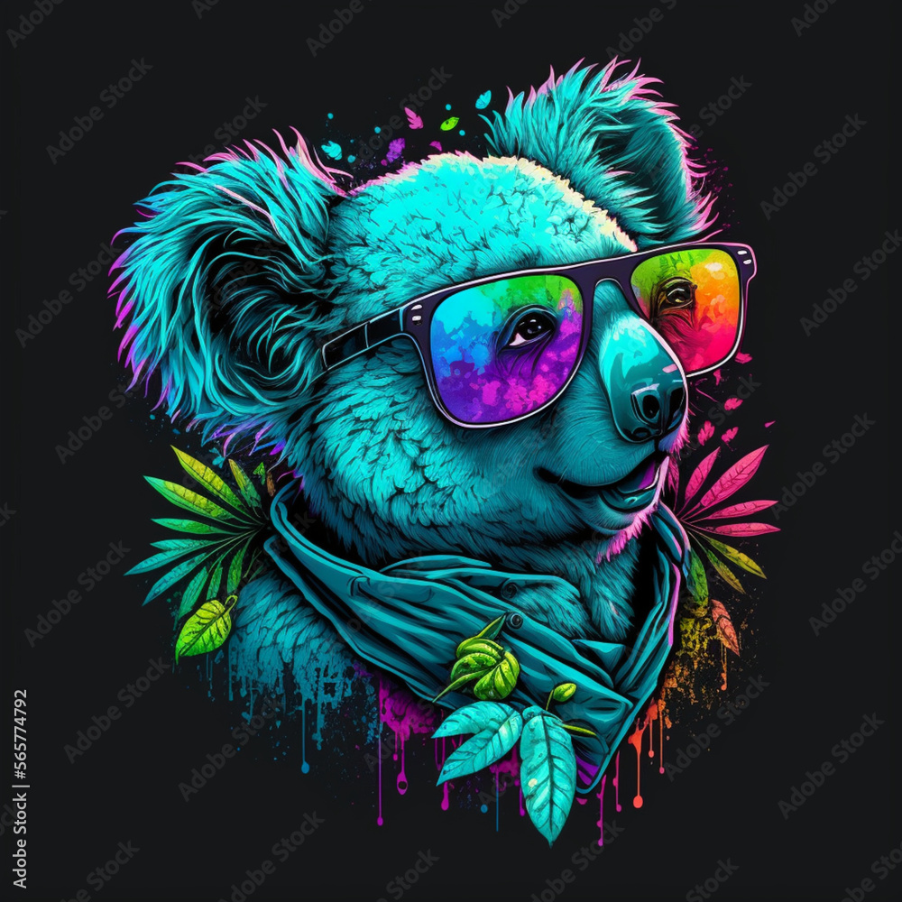 aviator koala illustration in neon colors, t-shirt print