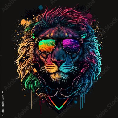 illustration of aviator lion in neon colors  t-shirt print  generative AI