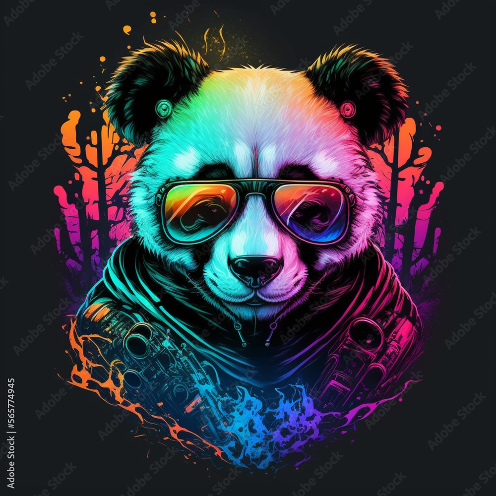 illustration of panda in aviator glasses in neon colors, t-shirt print, generative AI illustration of panda in aviator glasses in neon colors, t-shirt print, generative AI