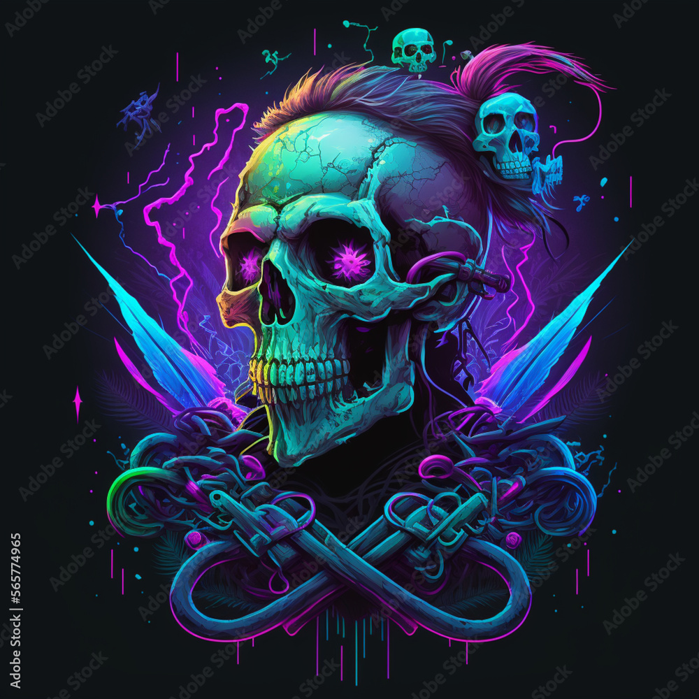 neon colored skull illustration, t-shirt print, generative AI