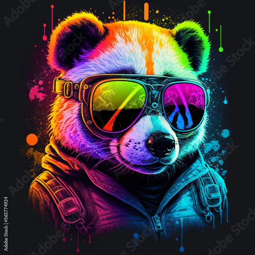 illustration of panda in aviator glasses in neon colors, t-shirt print, generative AI