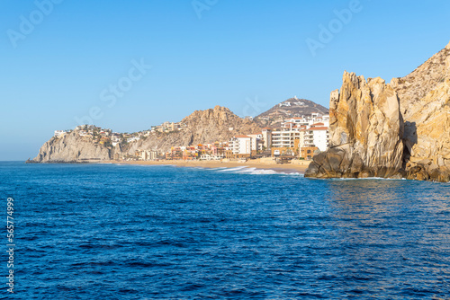 View from the Pacific Ocean near Land's End of the luxury resorts and hotels along Wejulia Beach at Cabo San Lucas, Mexico, along the Mexican Riviera.
