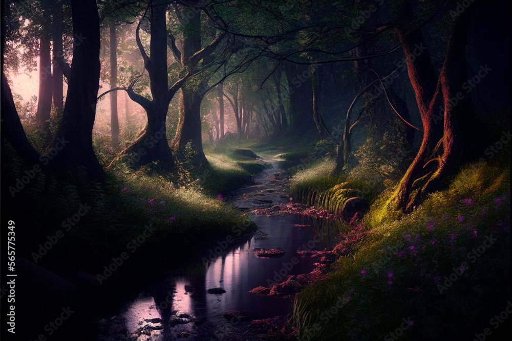 Beautiful and dreamy forest scene generative AI.