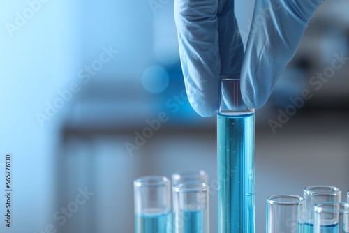 Scientist taking test tube with light blue liquid in laboratory, closeup. Space for text