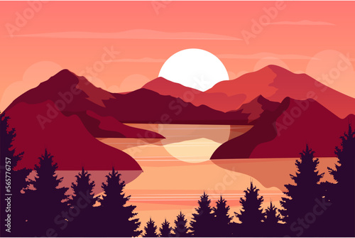 A beautiful pink color mountain landscape sunset. Flat design lake scenery. Flat adventure background. illustration. vector