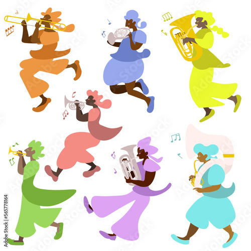 Vector illustration of colorful spirits playing brass instruments