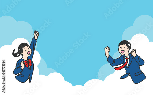 青空を背景にガッツポーズをする制服の学生