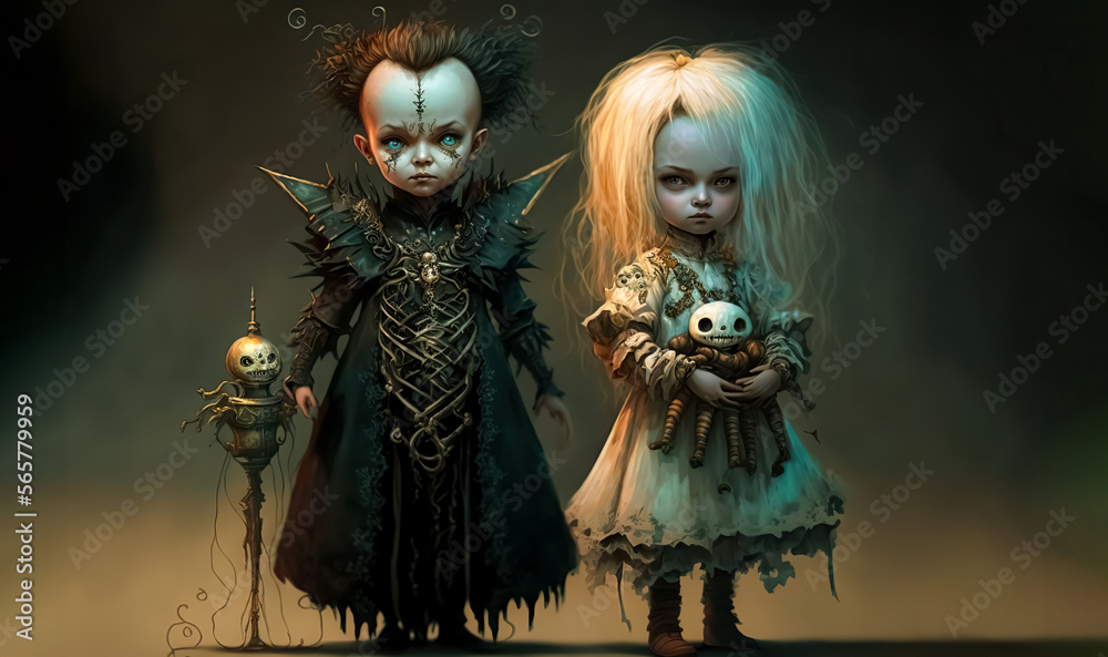 Terrifying horror dolls with skeleton and zombie. halloween