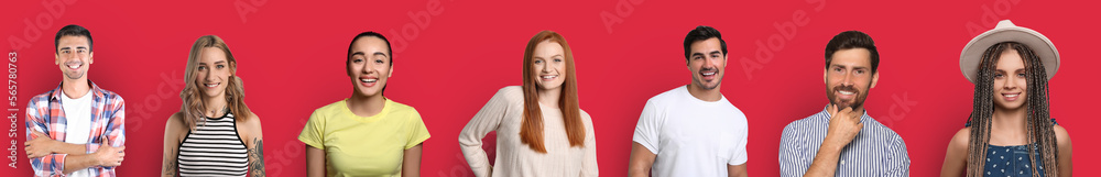 Collage with portraits of happy people on red background Collage with portraits of happy people on red background