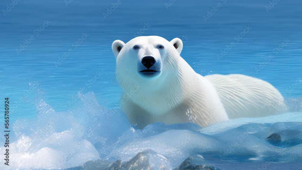 Obraz premium polar bear swimming in blue water, white bear, ocean, north pole, Generative AI