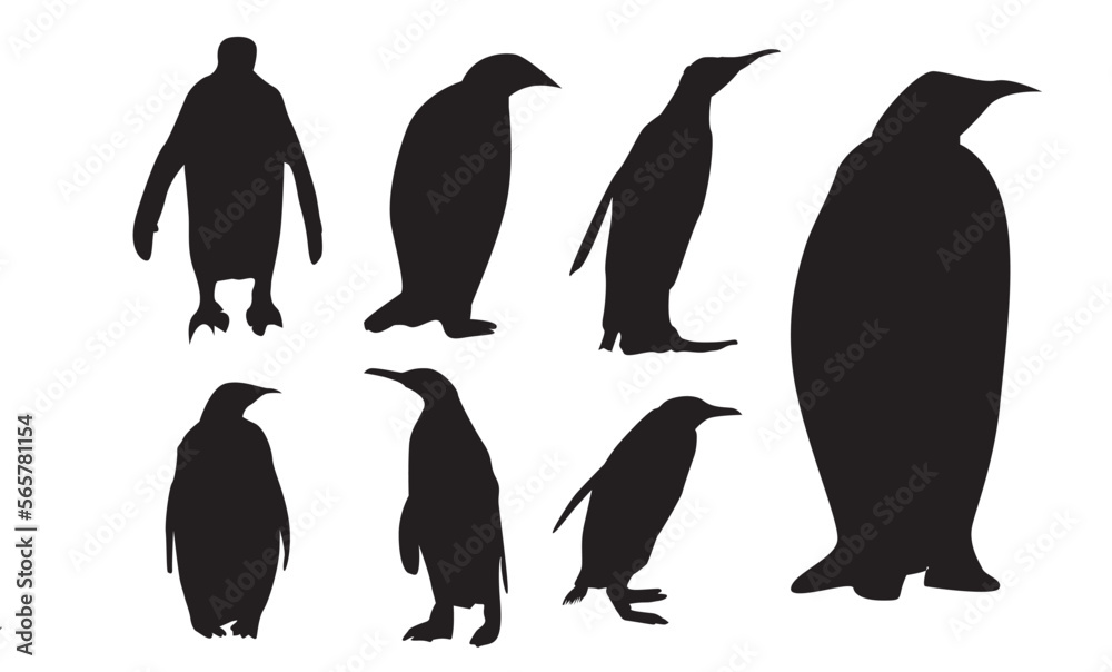 Naklejka premium vector flat illustration set of penguins in different poses. Adult birds and chicks. Vector illustration, isolated on a white background.