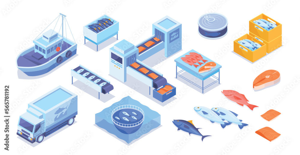 Fish industry set. Collection of graphic elements for website. Healthy fat and natural meat, protein product. Ship and truck. Cartoon isometric vector illustrations isolated on white background
