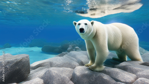 polar bear swimming in blue water  white bear  ocean  north pole  Generative AI