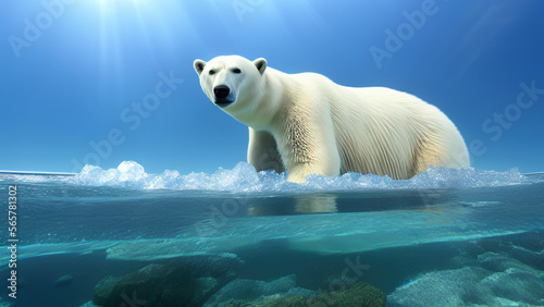polar bear swimming in blue water, white bear, ocean, north pole, Generative AI