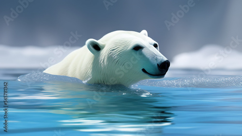 polar bear swimming in blue water  white bear  ocean  north pole  Generative AI