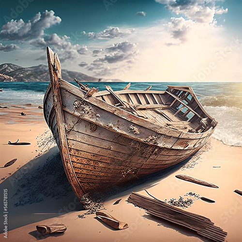 Obraz na płótnie Shipwrecked wooden rowboat