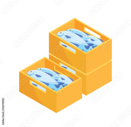 Fish in containers concept. Seafood transportation and logistics. Graphic element for website. Blue salmon in yellow boxes, natural and organic product. Cartoon isometric vector illustration