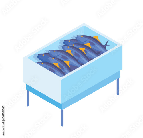 Fish in containers concept. Fresh products and healthy fats and trace elements, vitamins. Poster or banner for website. Transportation and production. Cartoon isometric vector illustration