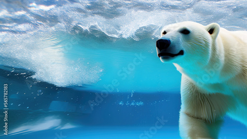 polar bear swimming in blue water  white bear  ocean  north pole  Generative AI