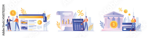 Paying credit set. Man with calculator, character near bank, buying car and property, rent. Collection of graphic elements for website. Cartoon flat vector illustrations isolated on white background
