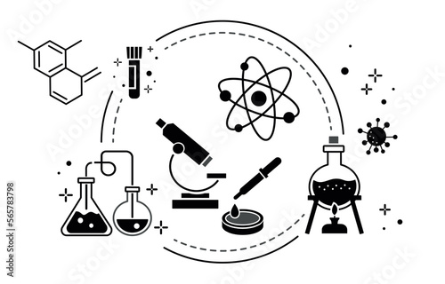 Chemistry icons line set. Collection of graphic elements for website. Science and experiments in laboratory, atom and microscope. Cartoon flat vector illustrations isolated on white background