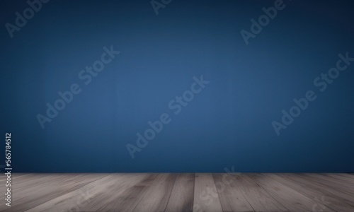 blue empty room with wooden floor created with generative AI